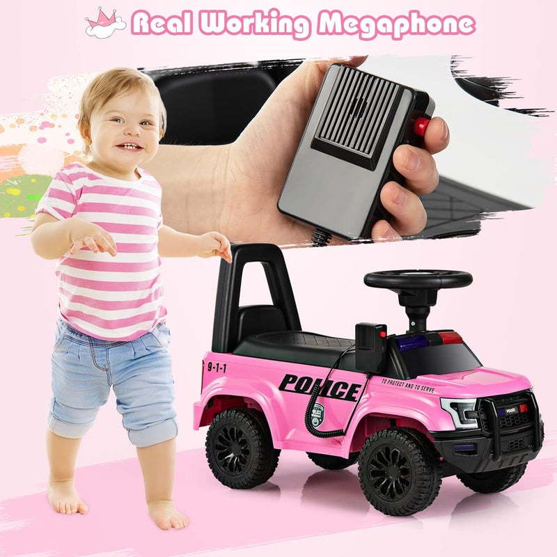 Olakids Ride On Push Police Car, Toddler Foot-to-Floor Sliding Toy with Siren, Steering Wheel, Megaphone, Horn, Headlights, Under Seat Storage, Kids Racer Walking Gift for Boys Girls 1-3 (Pink) - Image 3